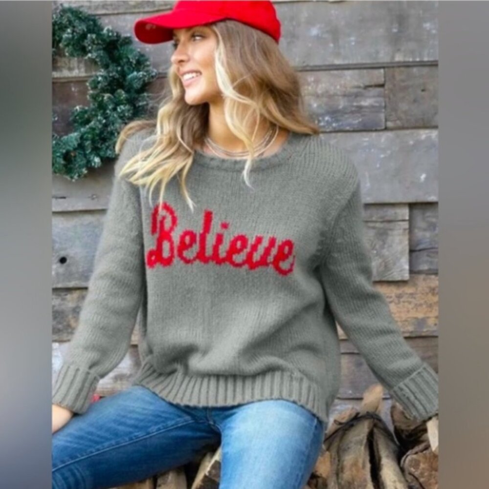 Wooden Ships Gray Sweater with Red 'Believe' Script